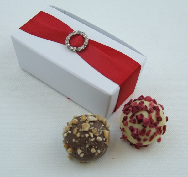 Ready Made 2 Swiss Milk Chocolate Truffle Favour Box Diamante Decoration Hand Tied Ribbon Many Colours